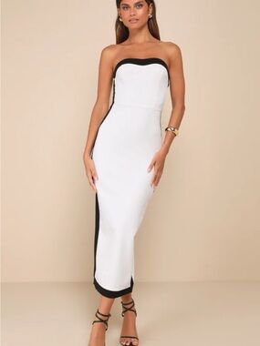 Lulu's White Strapless Sheath Dress with Black Trim